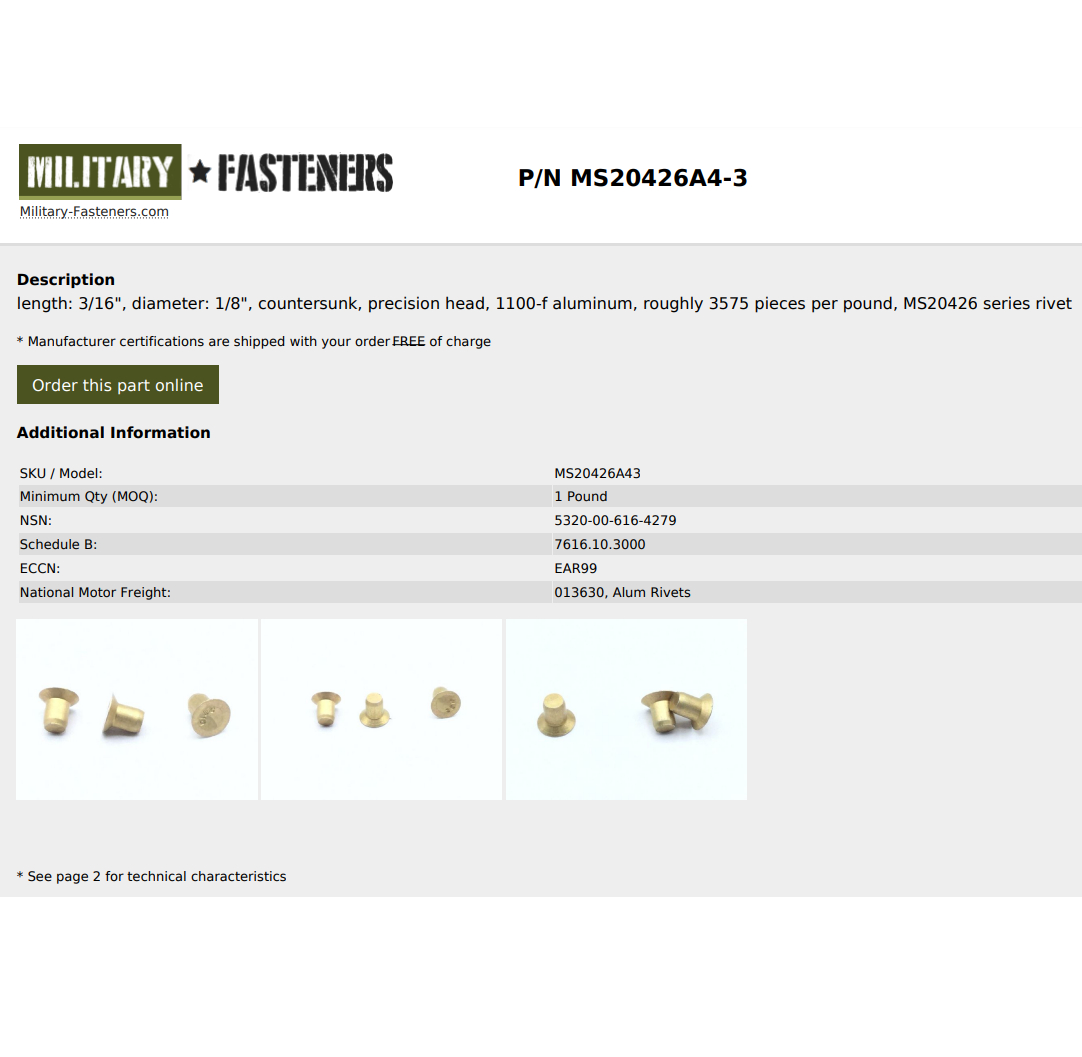 MILITARY-FASTENERS鋁合金軍標(biāo)實(shí)心鉚釘MS20426A4-3 單位（磅）